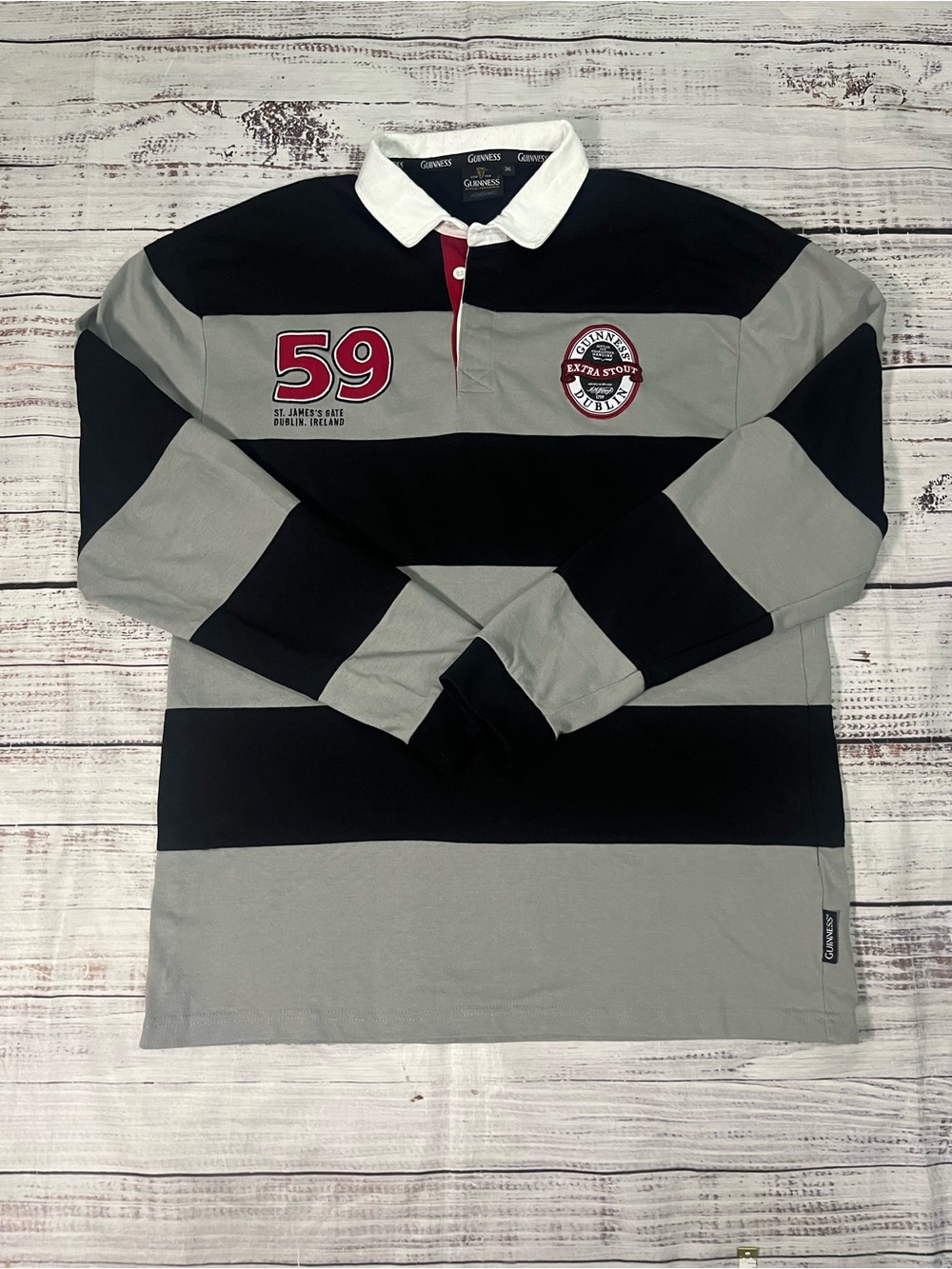 Guinness St. James Gate Grey & Black Long Sleeve Rugby Shirt Men’s Size 3XL